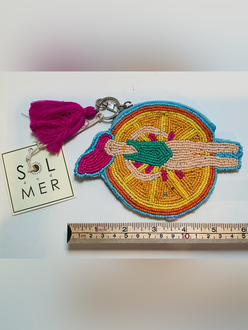 * SOL and MER Multicolor Beaded Citrus Zippered Pouch with Pink Tassel